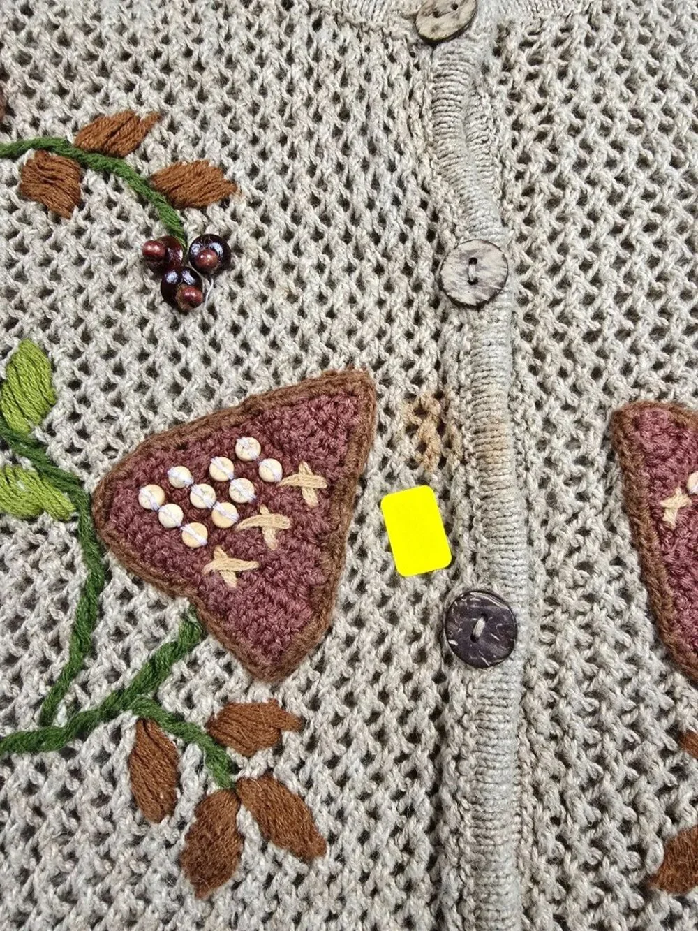 Vtg Cottage Core Jantzen Beige Knit Cardigan Embroidered Mushrooms Floral Small - Picture 4 of 6